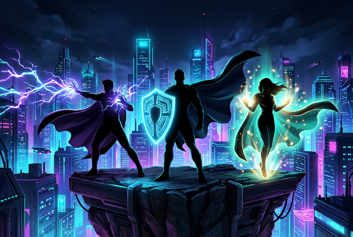 Three original caped silhouettes with lightning, a shield and a healing glow on a rooftop over a neon skyline
