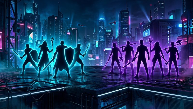 Two groups of player silhouettes, five on the left and six on the right, facing off on a neon city rooftop