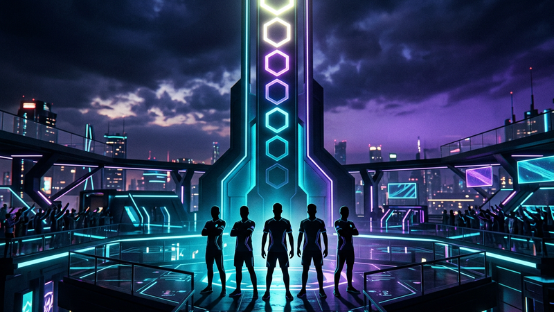 Five player silhouettes under a column of nine glowing hexagonal rank crystals on a rooftop