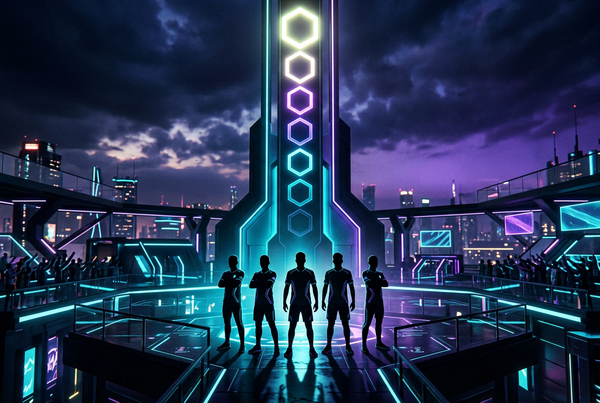 Five player silhouettes under a column of nine glowing hexagonal rank crystals on a rooftop