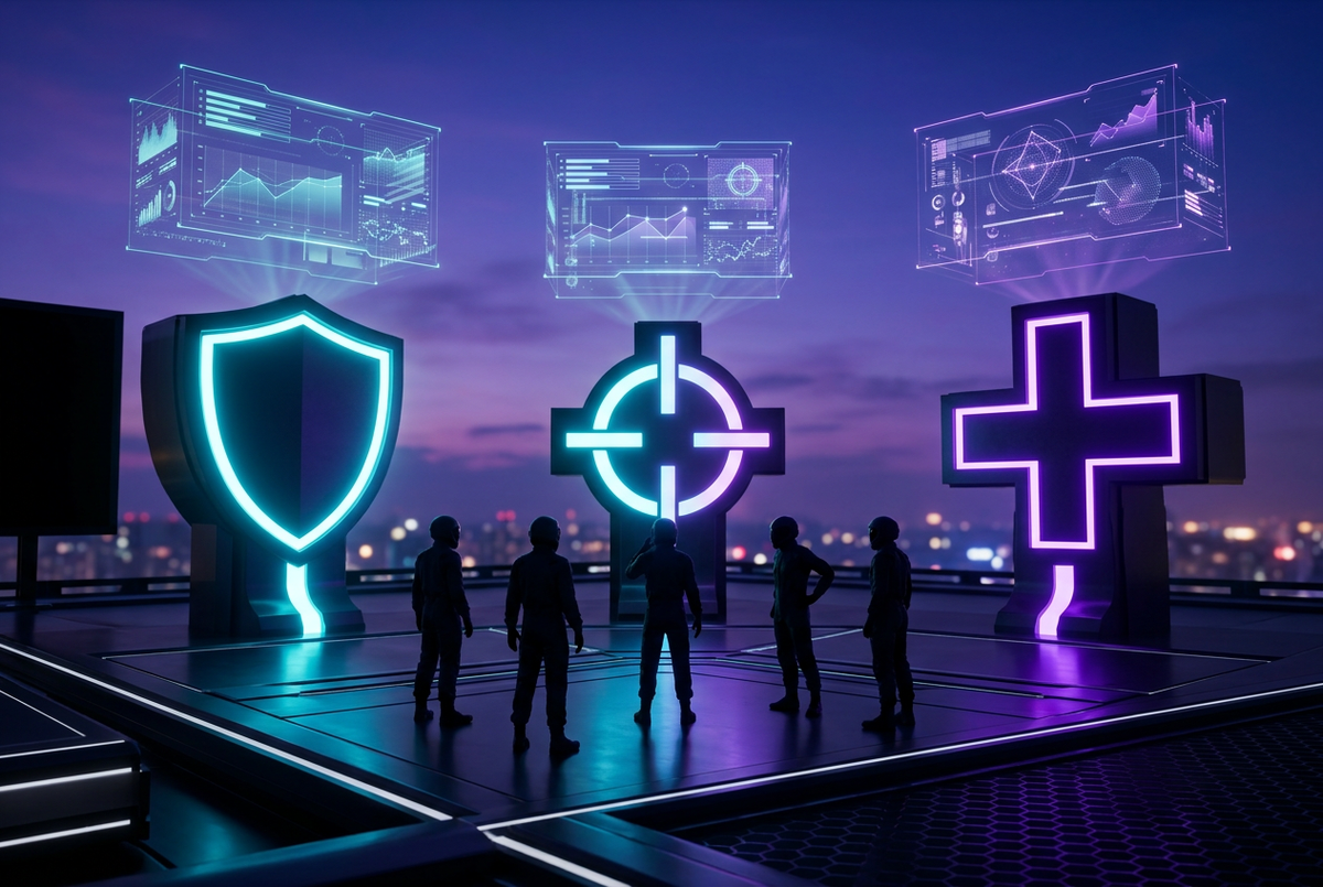 Shield, crosshair and plus role pillars with holographic stat graphs above five player silhouettes
