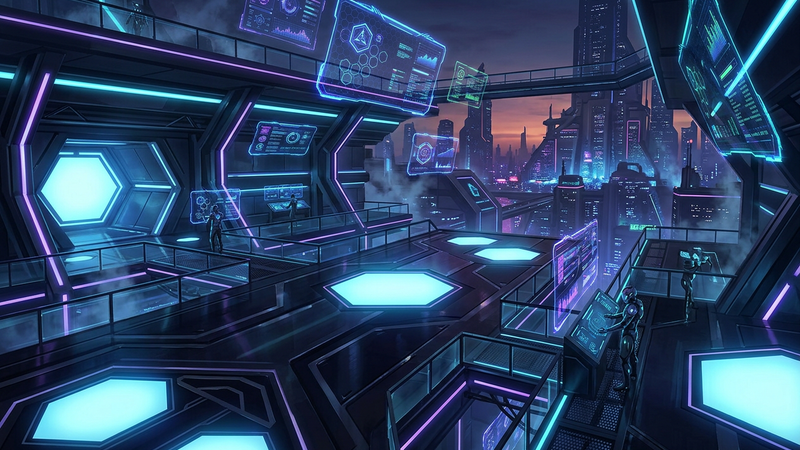Futuristic rooftop terminal at dusk surrounded by floating stat panels and glowing hexagon lights
