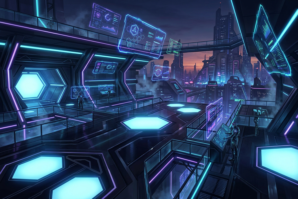 Futuristic rooftop terminal at dusk surrounded by floating stat panels and glowing hexagon lights