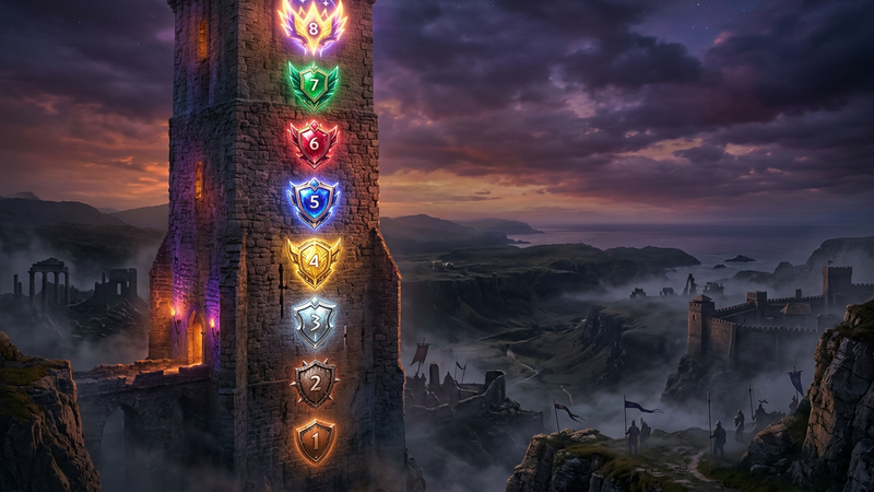 Column of eight glowing rank emblems climbing a stone watchtower over a misty island battlefield at dusk