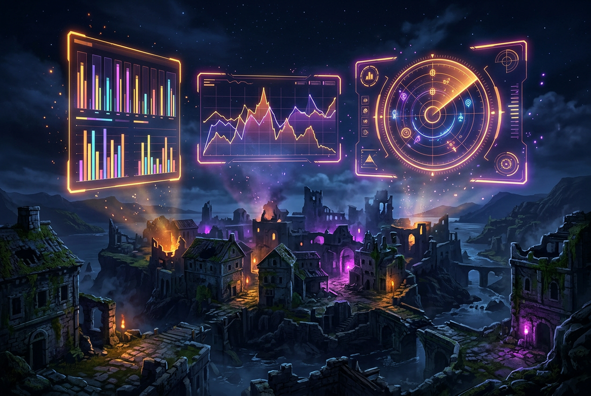 Holographic bar graphs, a line chart and a radar display floating above a ruined island town at night