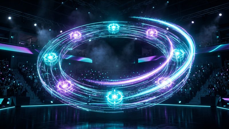 Glowing holographic calendar ring with seven season markers in a dark esports arena