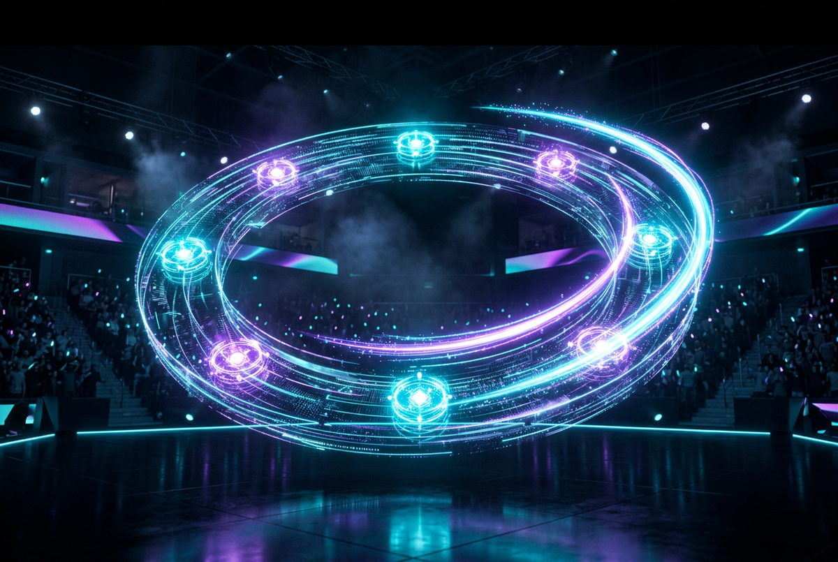 Glowing holographic calendar ring with seven season markers in a dark esports arena
