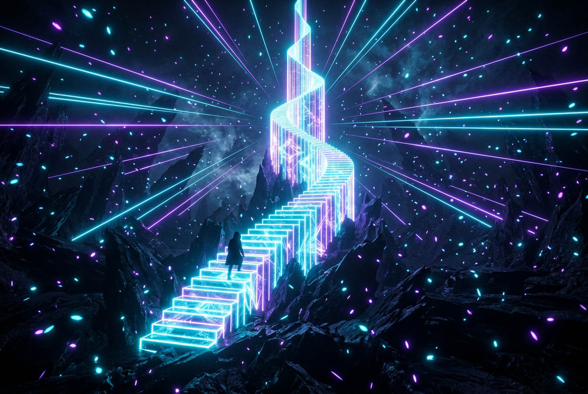 Abstract hooded silhouette climbing a glowing stepped tower in neon cyan and violet light on a dark background