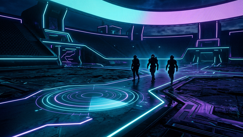 Three abstract silhouettes advancing together across a dark neon cyan and violet arena with a radar pulse