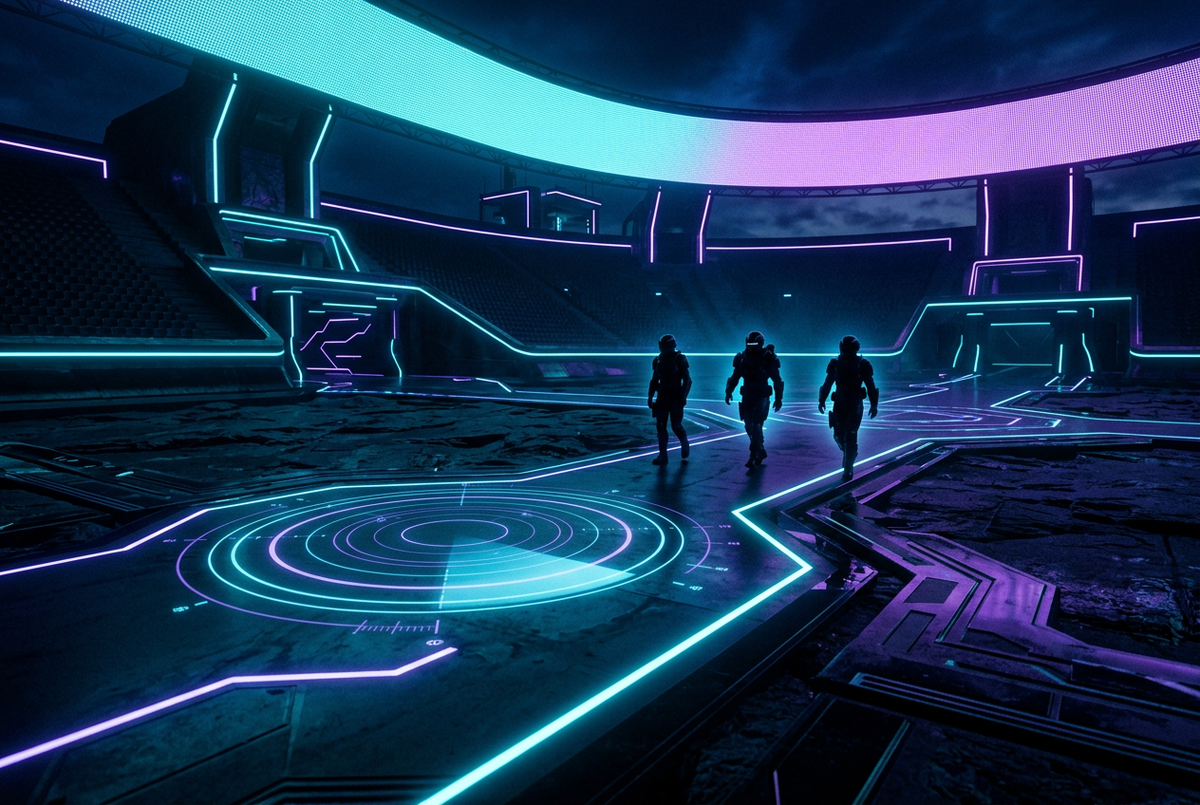 Three abstract silhouettes advancing together across a dark neon cyan and violet arena with a radar pulse