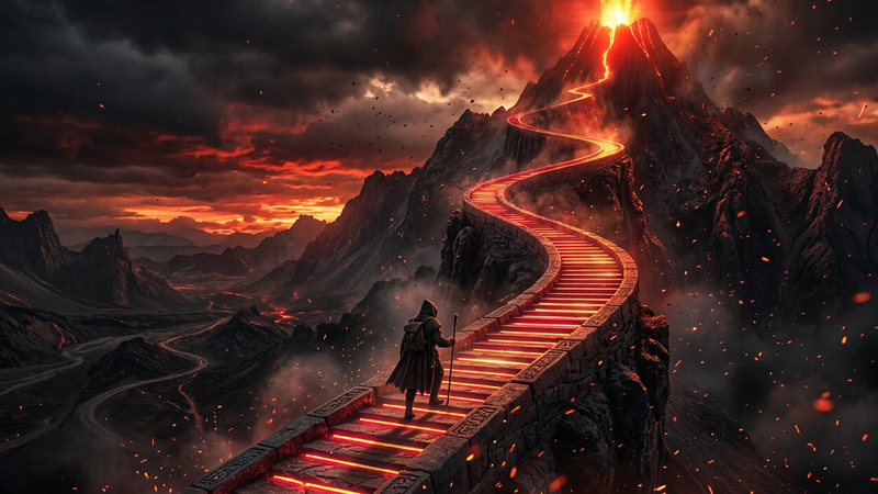 Cloaked figure climbing a glowing staircase up a volcanic mountain toward a crimson beacon