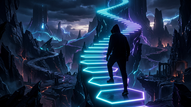 Silhouetted player climbing glowing neon cyan and violet tier steps over a dark abstract map