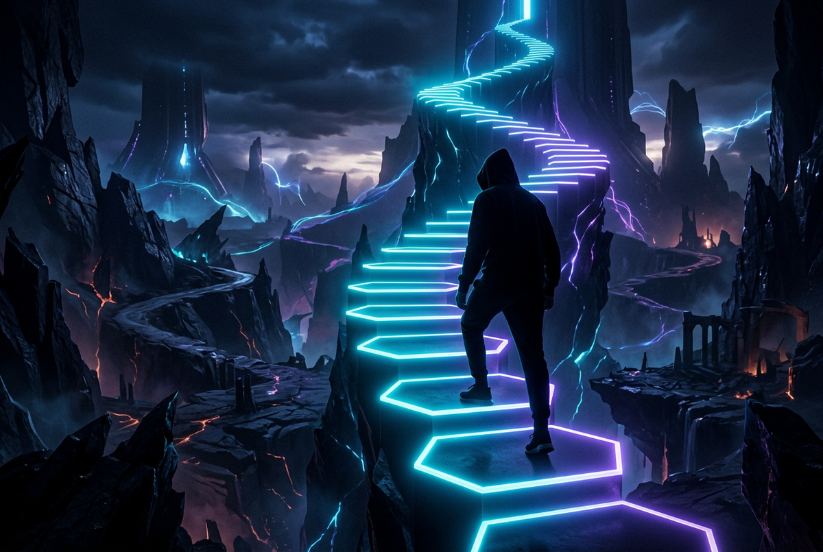 Silhouetted player climbing glowing neon cyan and violet tier steps over a dark abstract map