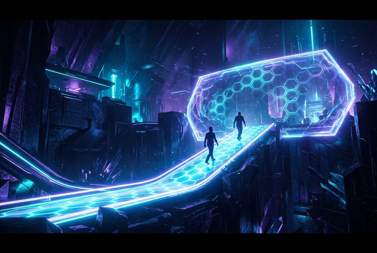 Two abstract silhouettes advancing up a glowing ramp behind a hexagonal energy barrier in neon cyan and violet light