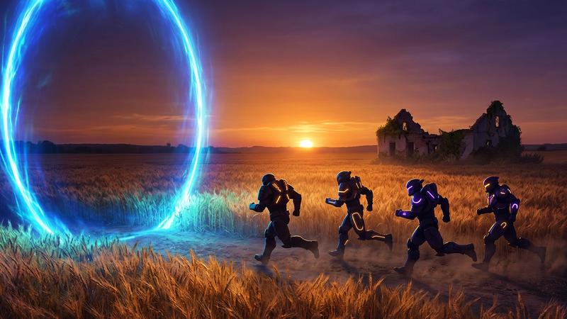 Squad of four silhouettes running through a wheat field at sunset toward a glowing blue energy ring