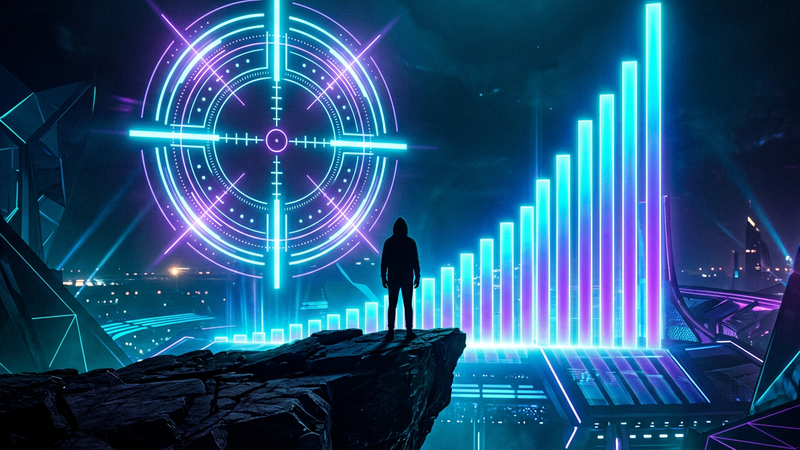 Abstract silhouette facing a glowing crosshair and rising bar chart in neon cyan and violet on a dark background