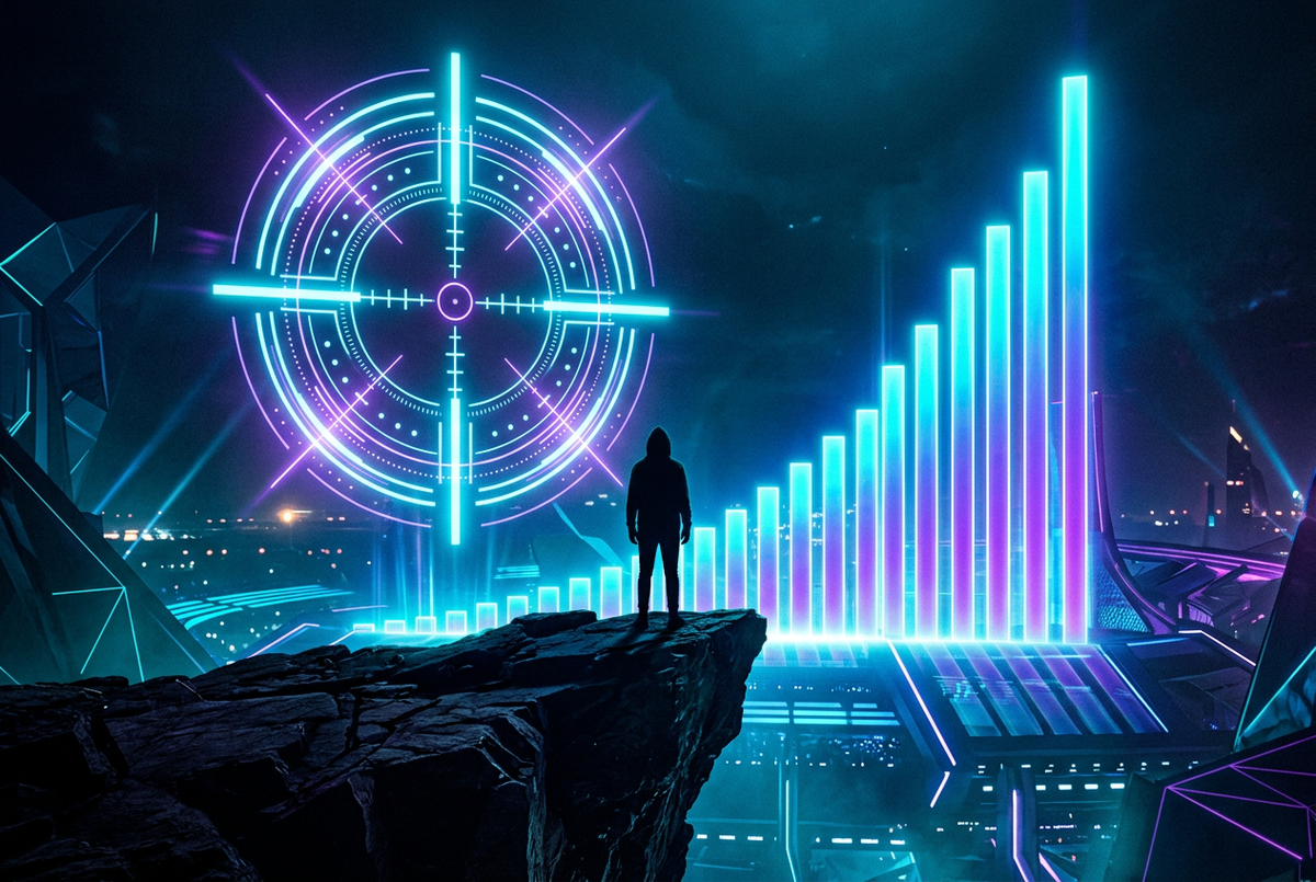 Abstract silhouette facing a glowing crosshair and rising bar chart in neon cyan and violet on a dark background