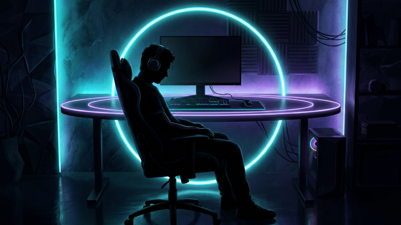 Player silhouette leaning back from a dimmed screen at a desk, framed by a soft glowing ring of light