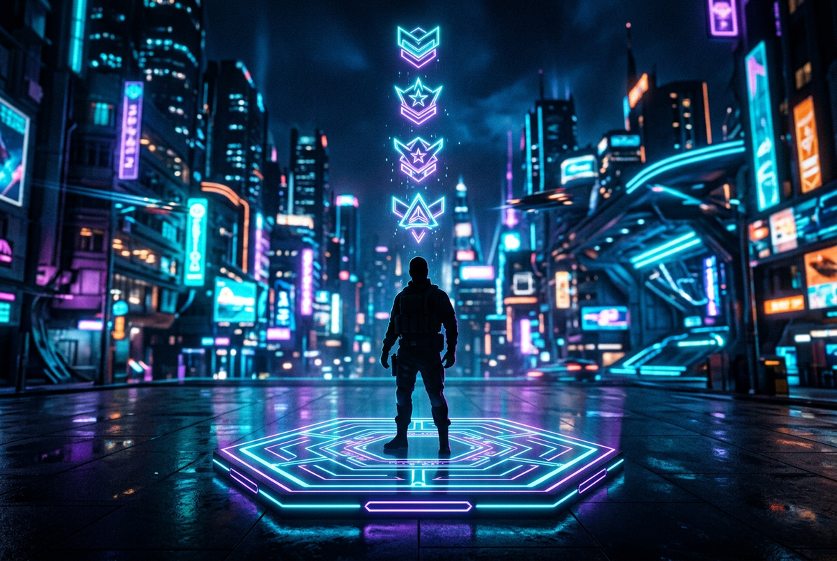 Original agent silhouette under a glowing column of rank emblems in a neon city plaza