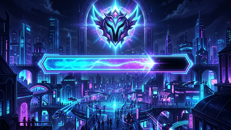 Glowing progress bar filling toward a rank emblem above a neon city plaza at night