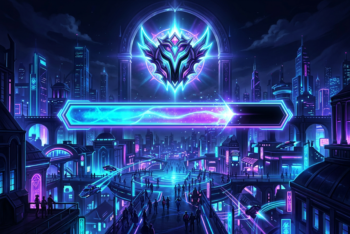 Glowing progress bar filling toward a rank emblem above a neon city plaza at night