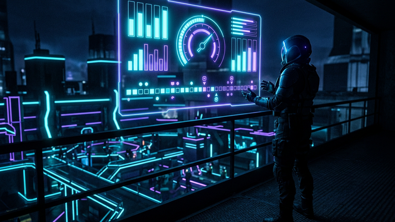 Agent silhouette studying a holographic match report with charts above a night training range