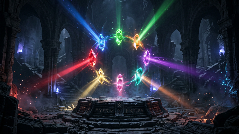 Eight glowing keystone shards orbiting a dark stone dais above ancient ruins