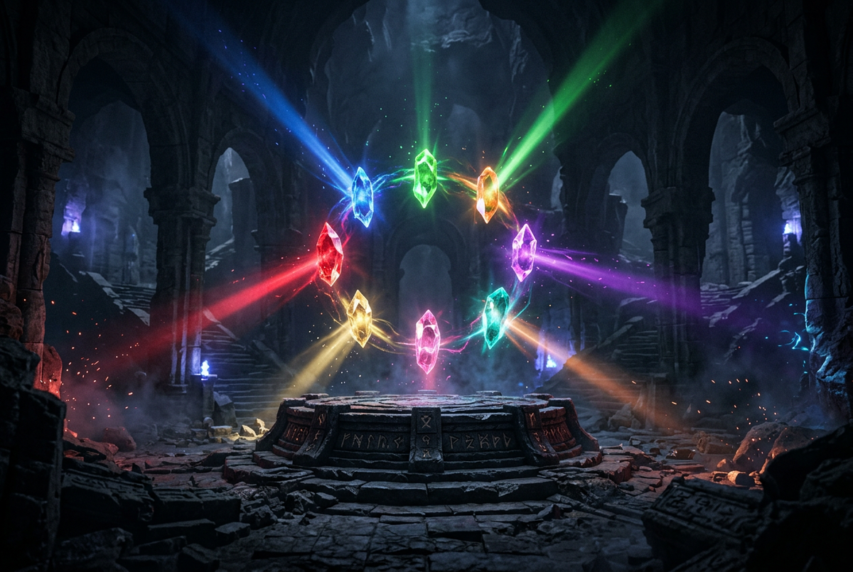 Eight glowing keystone shards orbiting a dark stone dais above ancient ruins