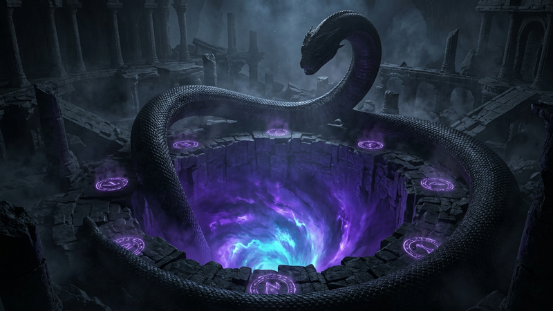 Colossal coiled serpent silhouette circling a glowing violet abyss inside a sunken stone temple