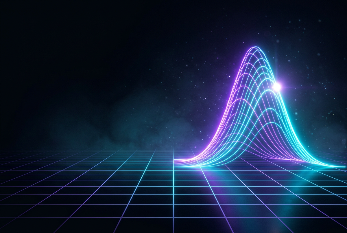 Glowing bell curve of light over a dark grid with one bright point near the top
