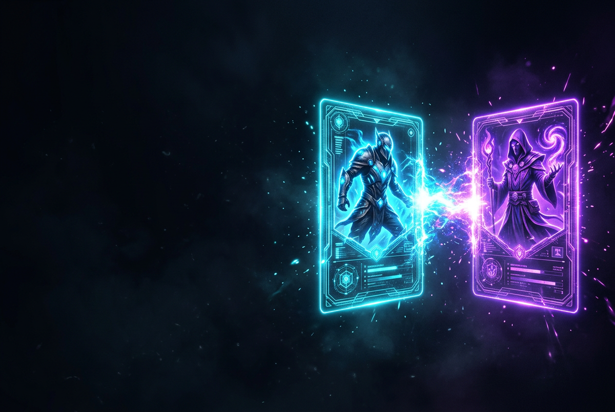 Two holographic player cards facing each other with an energy beam between them