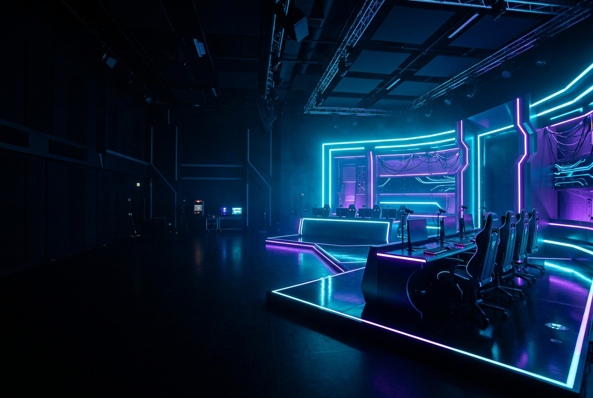 Modern esports studio at night with cyan neon light strips on dark walls