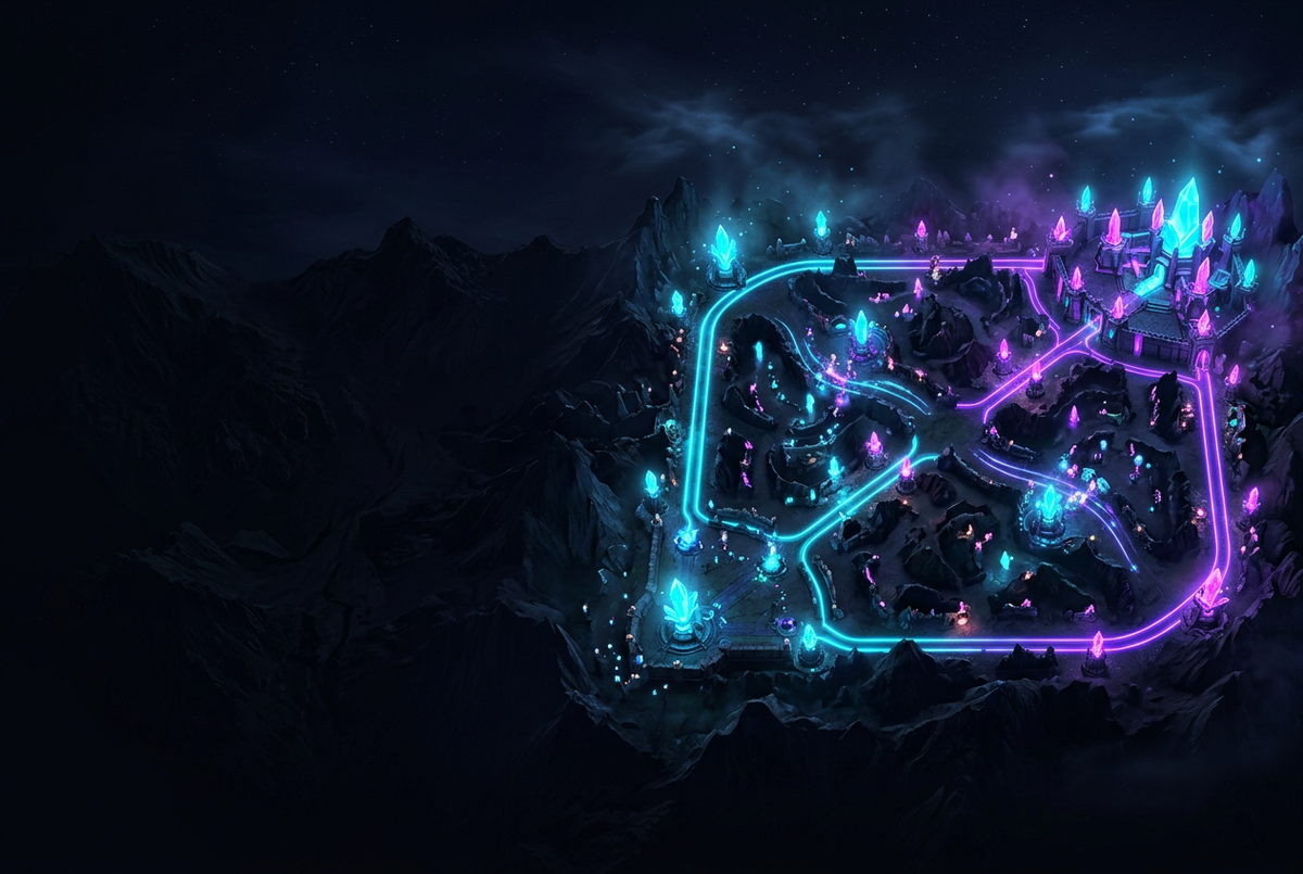Glowing fantasy battle map seen from above with neon lanes and crystal towers