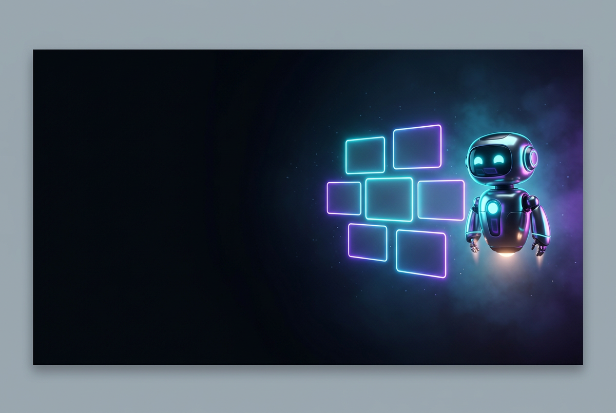 Friendly glowing robot assistant beside floating question cards