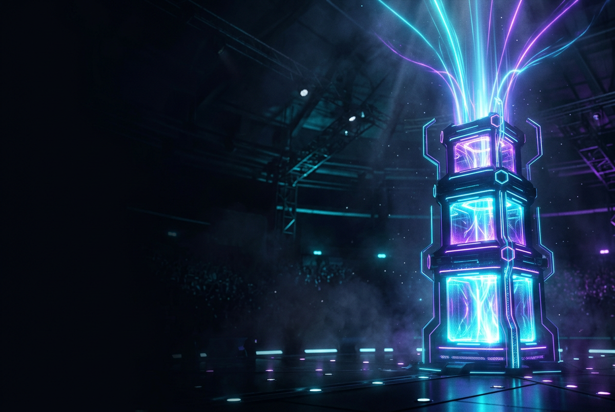 Glowing three-tier podium tower with light beams rising from the top
