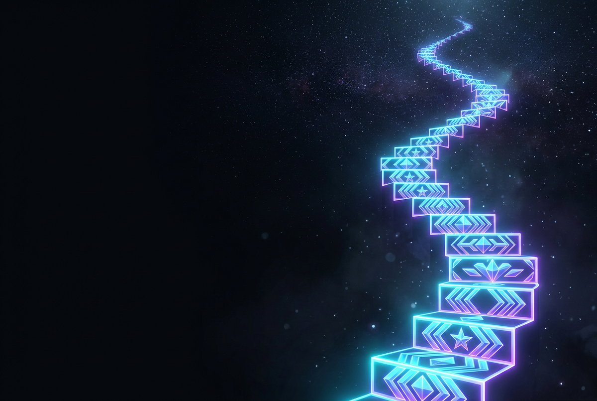 Glowing staircase of rank emblems climbing into a starry night sky