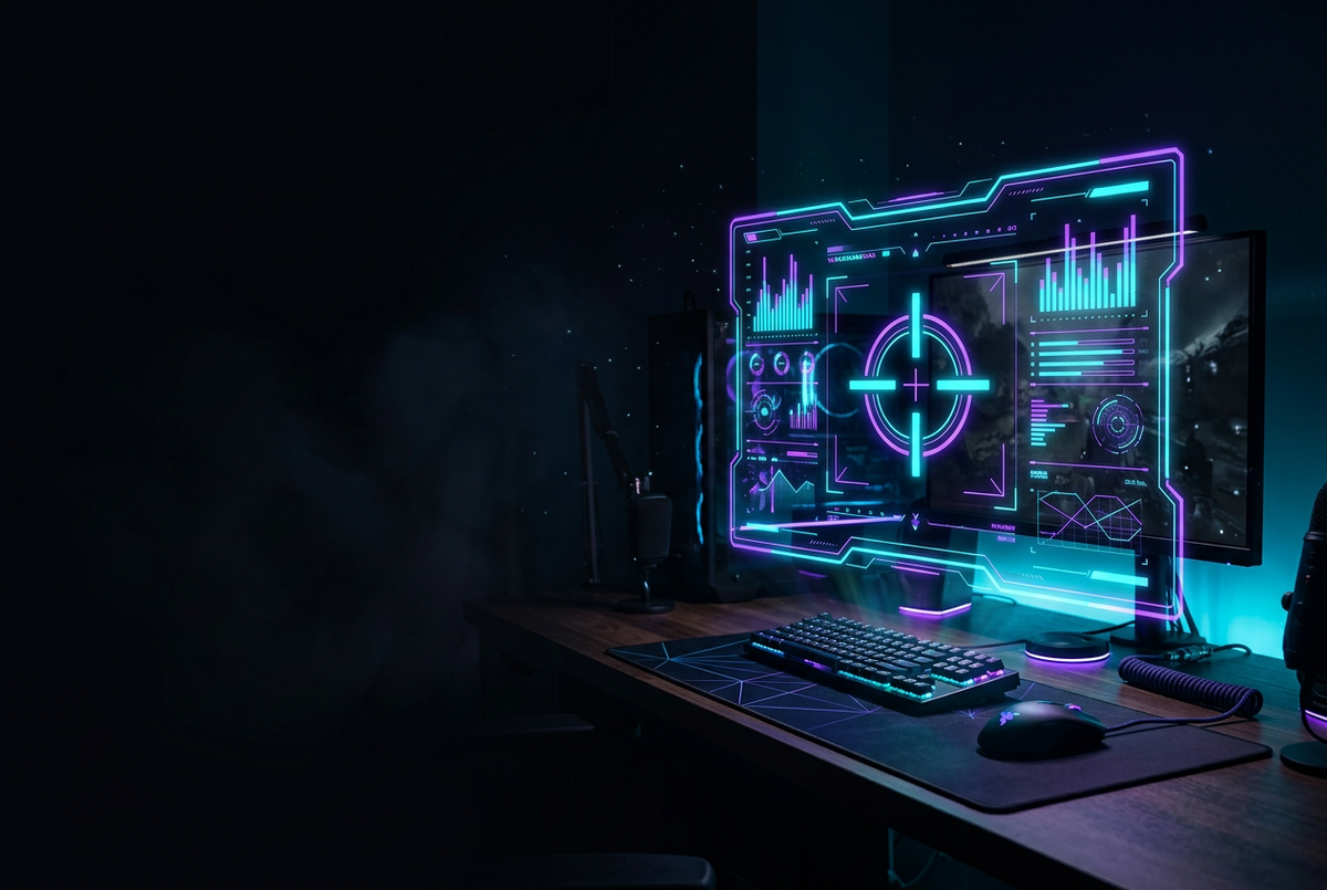 Holographic match report with glowing stat bars hovering over a gaming desk