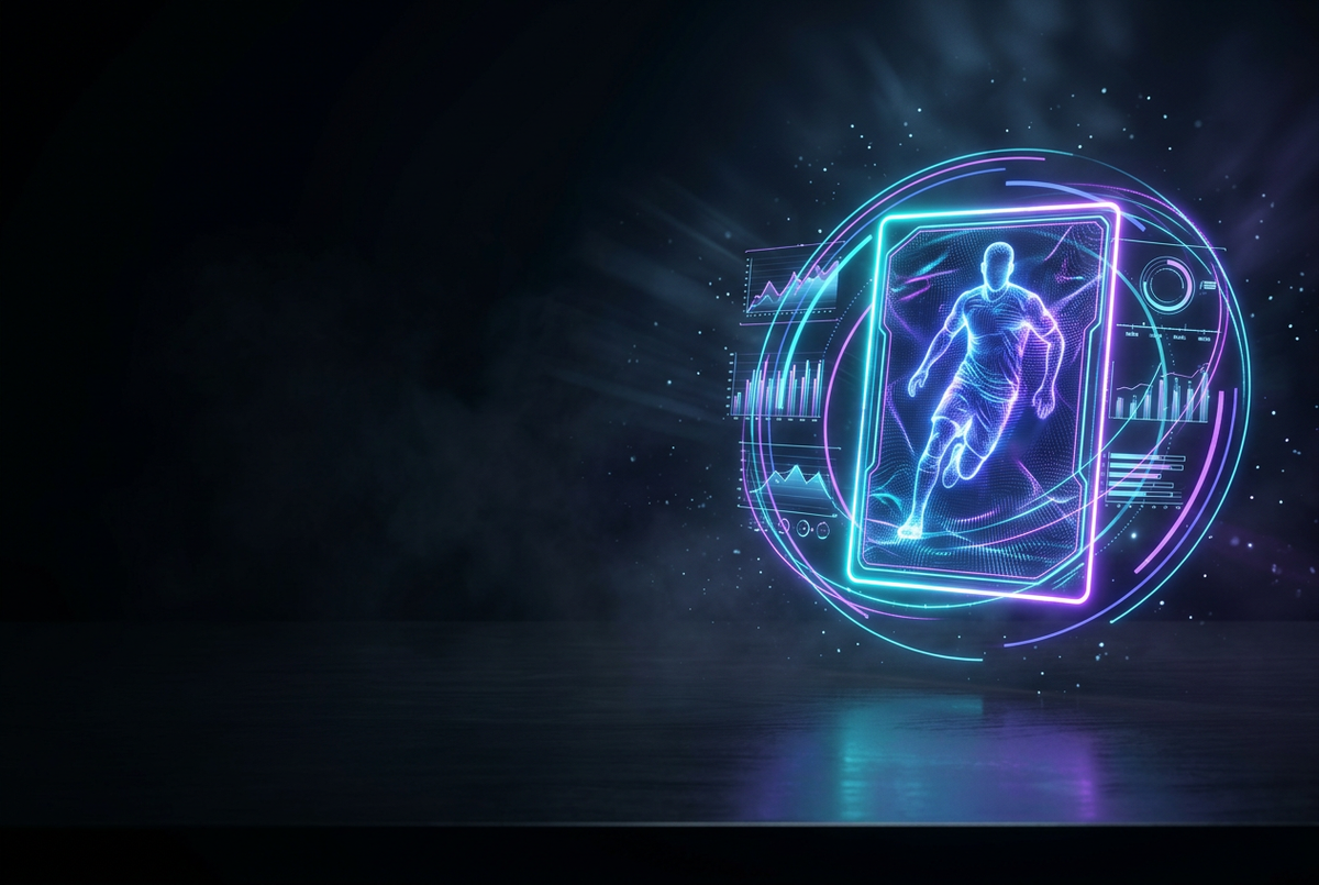 Holographic player card floating above a dark desk with glowing charts