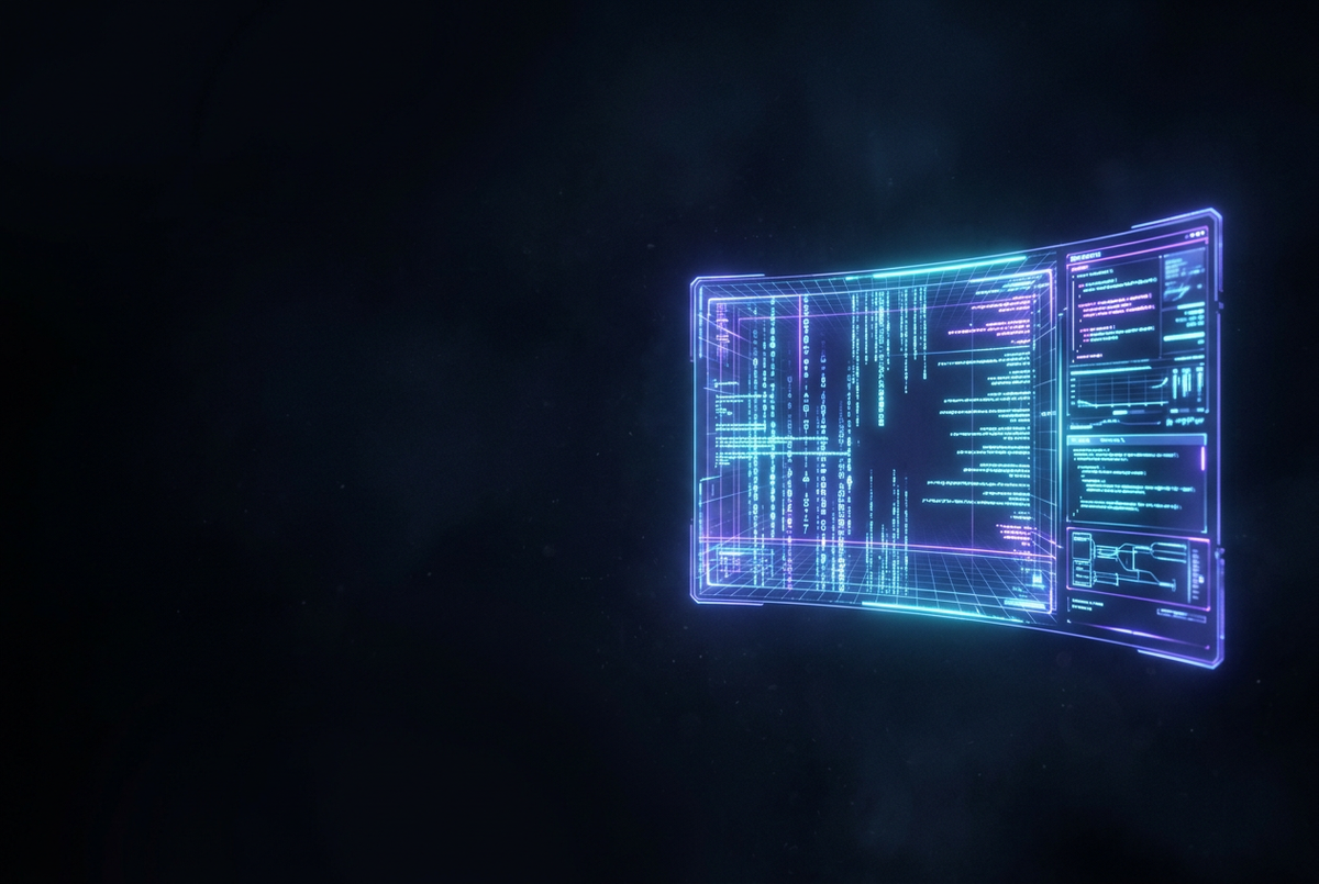 Holographic terminal screen with streams of glowing light lines