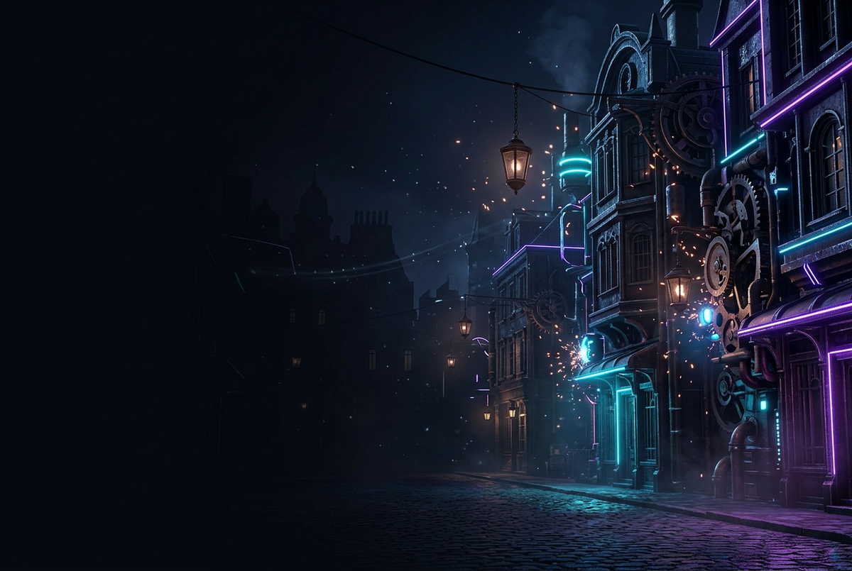 Noir steampunk city street at night with glowing lanterns and magical sparks