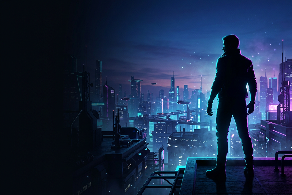 Hero silhouette on a futuristic city rooftop at dusk in neon light
