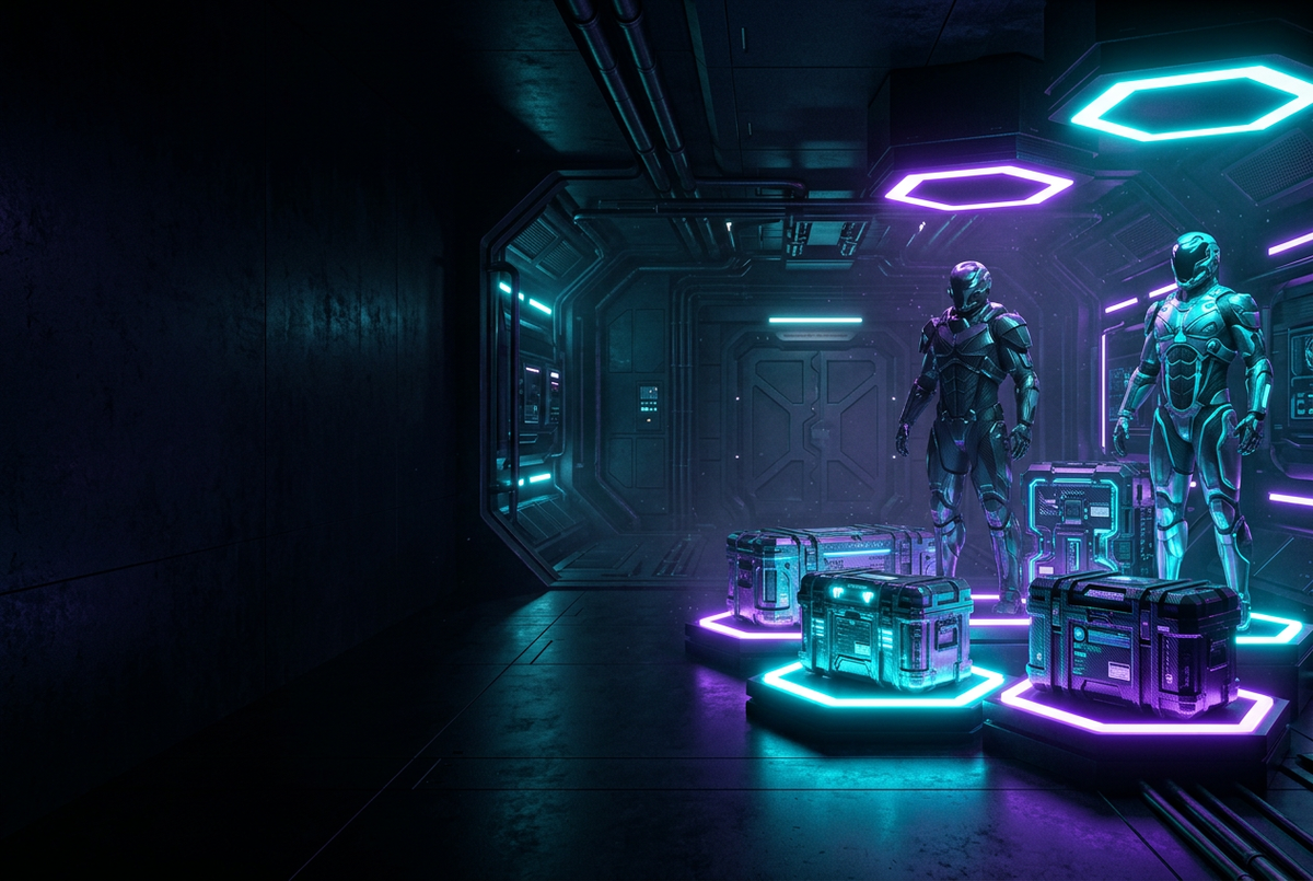 Sci-fi storage vault with armor pieces and gear crates on glowing pedestals