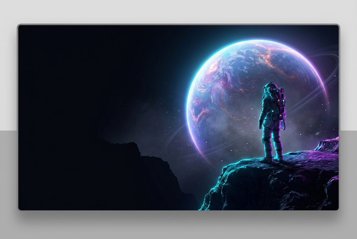 Lone space explorer on a cliff facing a huge glowing planet