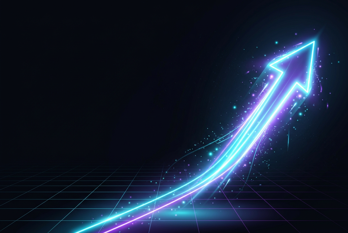 Glowing cyan and violet neon arrow climbing upward