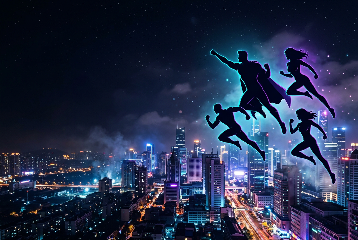 Team of original superhero silhouettes leaping over a neon city skyline at night