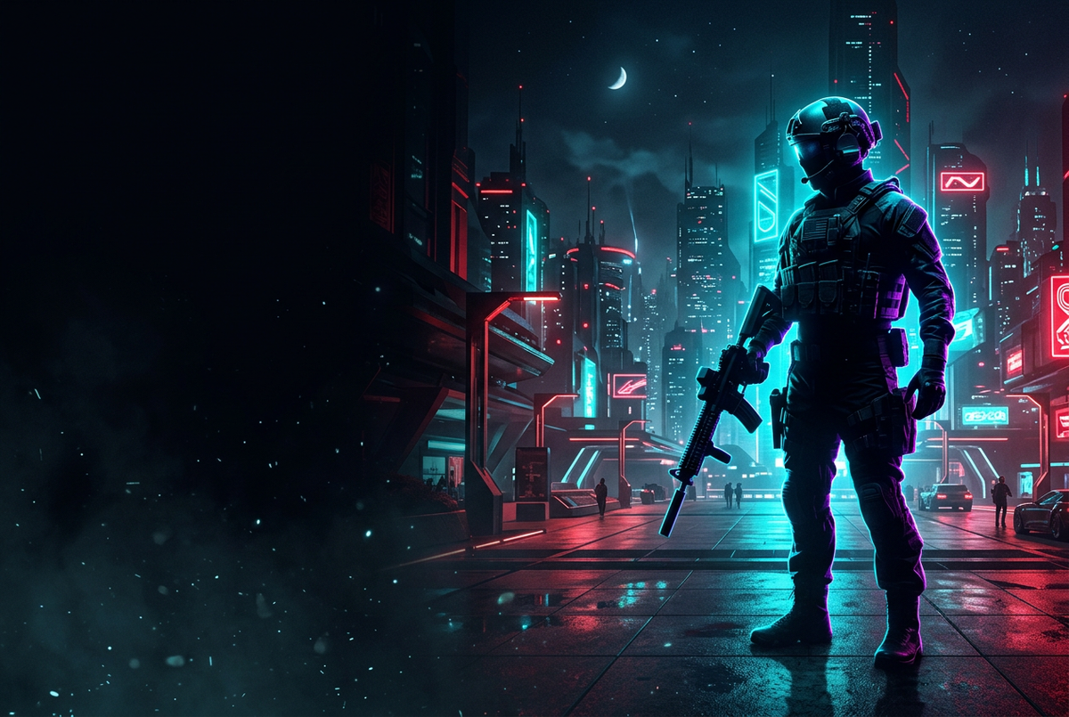 Tactical agent silhouette in a neon-lit futuristic city plaza at night