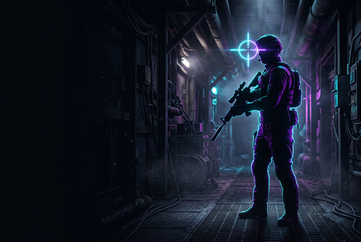 Tactical operator silhouette in a dark industrial corridor with a neon crosshair glow