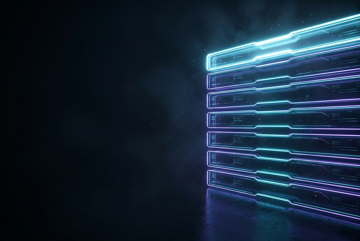 Futuristic wall of glowing stacked tier rows with the top row brightest
