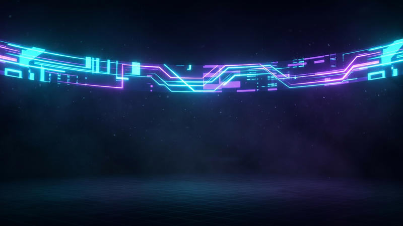 A long horizontal neon banner screen glowing across the top of a dark esports arena