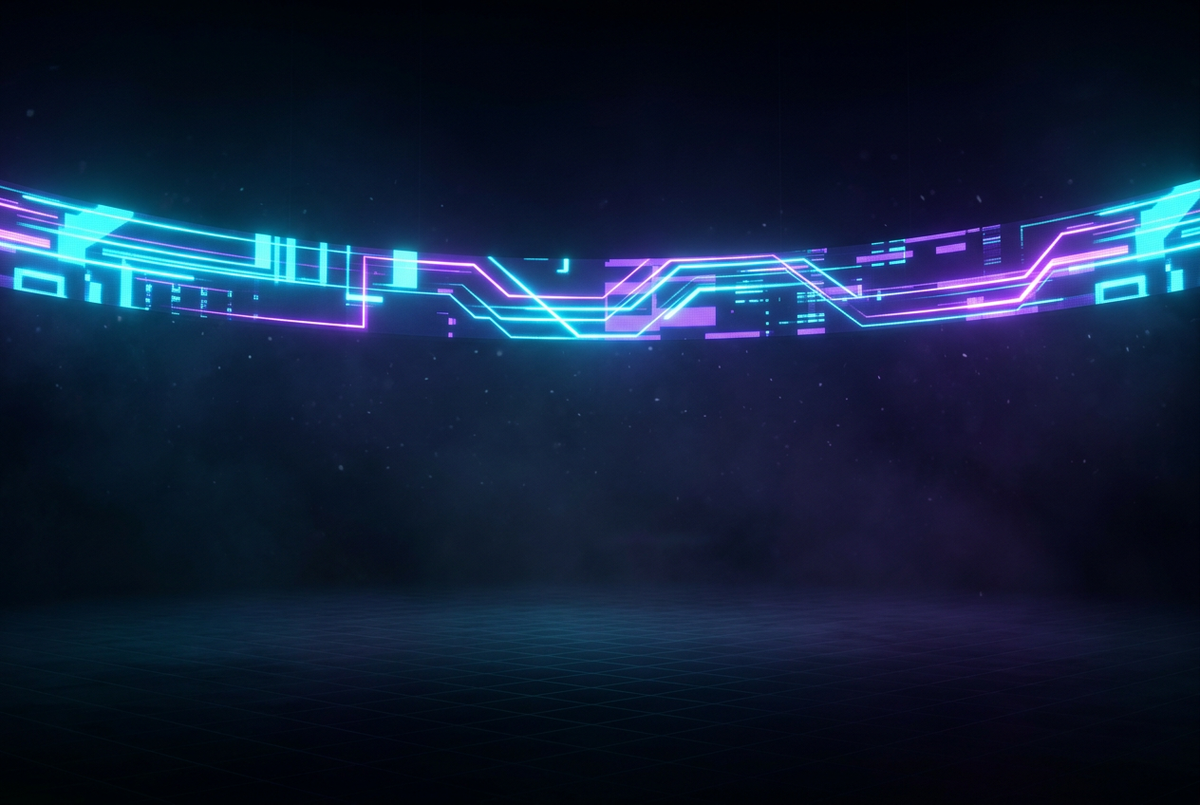 A long horizontal neon banner screen glowing across the top of a dark esports arena